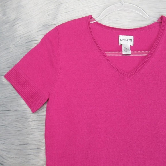 CHICO’S Pink Silk Blend Knit V-Neck Tee Women’s Size Small - Picture 2 of 10